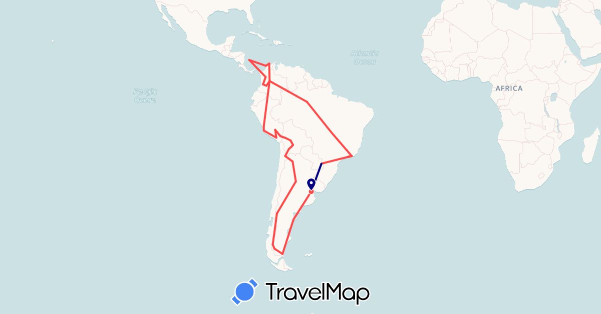 TravelMap itinerary: driving, hiking in Argentina, Bolivia, Brazil, Chile, Colombia, New Zealand, Peru (Oceania, South America)